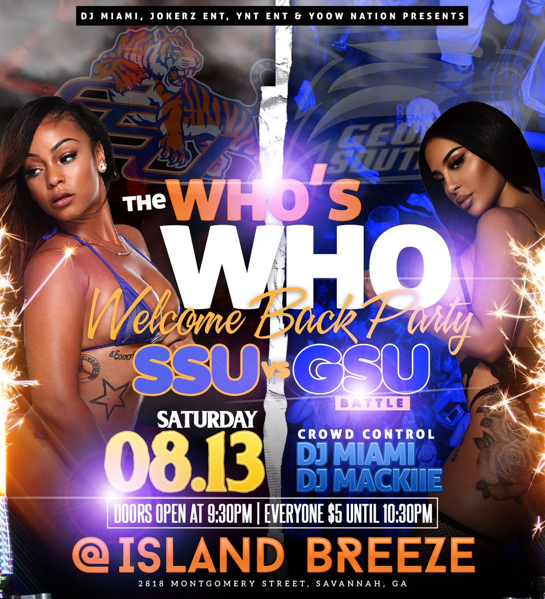 JokerzEnt's tweet photo. HOW CAN WE LOSE WHEN WE THE WHO’S WHO⁉️⁉️

SATURDAY 8/13 🗓 

SSU🐅 VS GSU 🦅 
THE BIGGEST WELCOME BACK PARTY🔥

DOORS OPEN AT 9:30PM 
$5 ENTRY UNTIL 10:30PM 

@callhimmiami  &amp; DJ MACKIIE ON CROWD CONTROL🎤🔥

#SouthernNotState #SSU #HBCU #GSU #GSU26 #GSU25 #GSU24 #GSU23 https://t.co/sG5PrJ8jxg