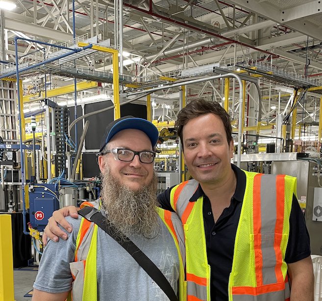Matturoffact's tweet photo. What a day at work, first @NASCAR  drivers @joeylogano @HBurtonRacing  &amp; @AustinCindric then @jimmyfallon shows up with the coolest boss around who gladly took pictures of everyone with their cellphones! @jimfarley98 I look FORDward to work everyday! @Ford @fordinsider https://t.co/kgt1p4vO95