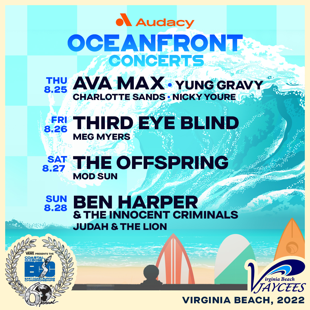 BHIC are excited to play @Audacy Oceanfront Concerts at #ECSCsurf 🏄‍♂️🎵 with @judahandthelion! We hit the stage Sunday 8/28 at the legendary Virginia Beach Oceanfront and can't wait to see you at the beach! 🎫: Tix on sale now at bit.ly/3OSgh6t