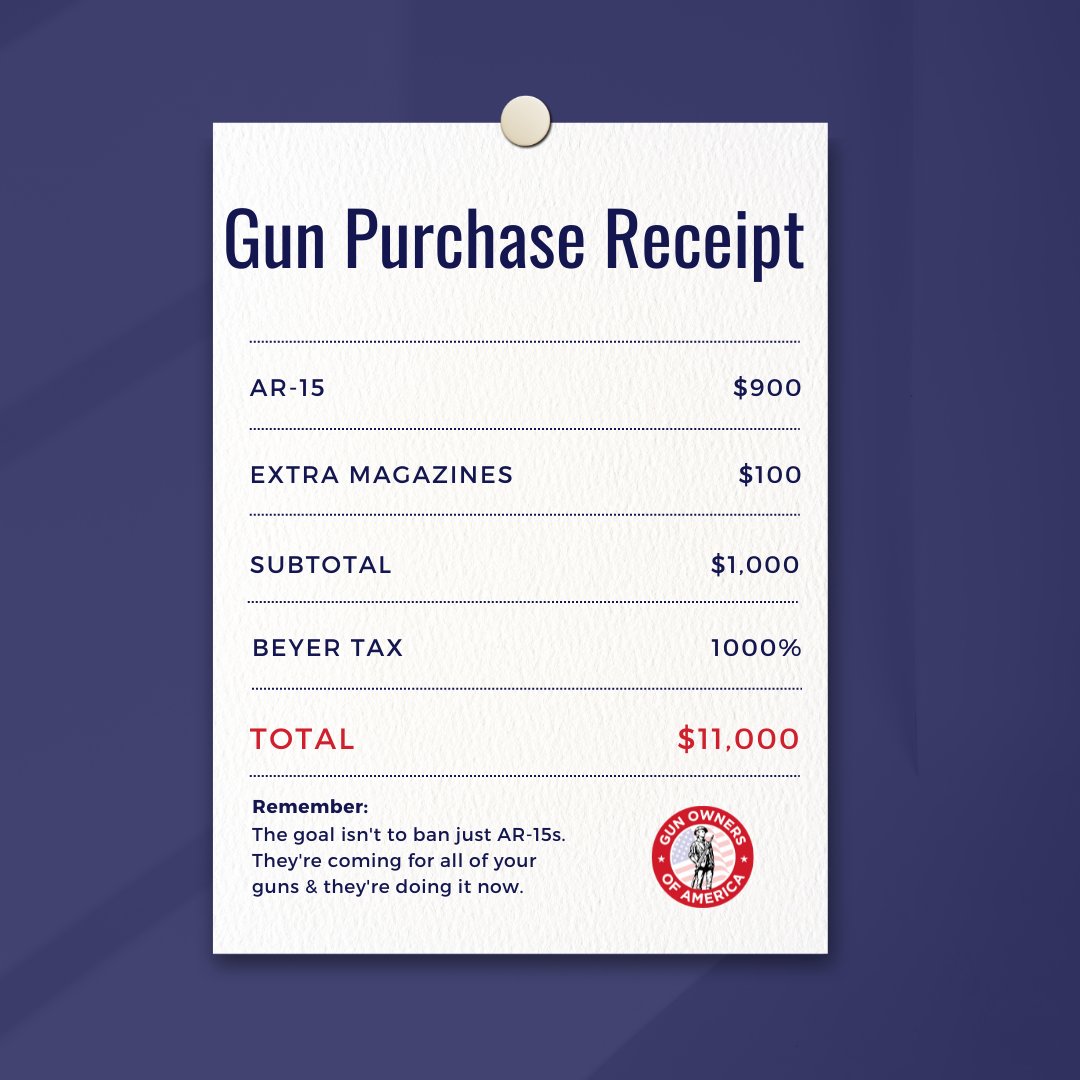 GunOwners's tweet photo. ICYMI: Rep. Don Beyer has introduced a bill in the House (HR 8051) that will impose a 1,000% FEDERAL TAX on a vast number of semi-automatic rifles, pistols, and shotguns – and every magazine holding more than ten rounds. https://t.co/LPW5quvBMb