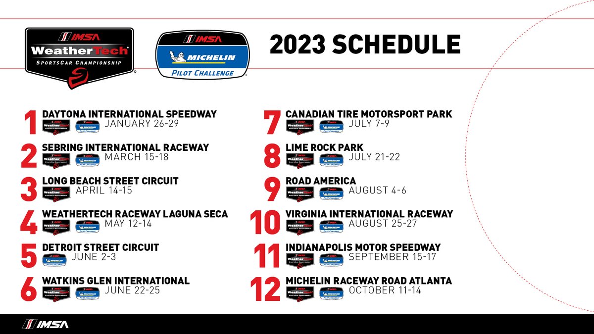 The moment you've been waiting for; the 2023 IMSA WeatherTech Sportscar Championship and Michelin Pilot Challenge Schedules. #IMSA | @MichelinRaceUSA