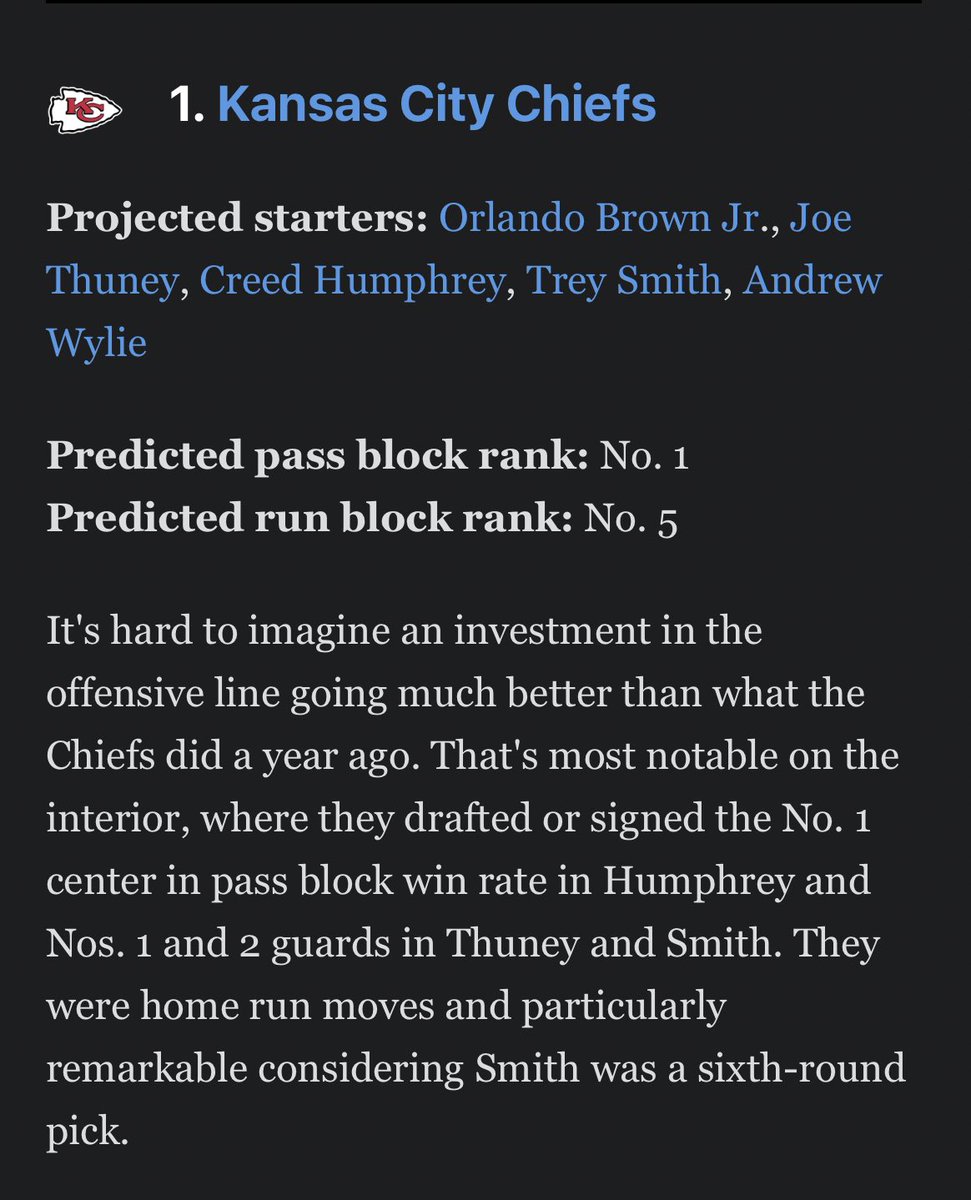 bturner23's tweet photo. ESPN ranked the Chiefs offensive line as the #1 o-line in the NFL for 2022 https://t.co/oHe0EJ9qot