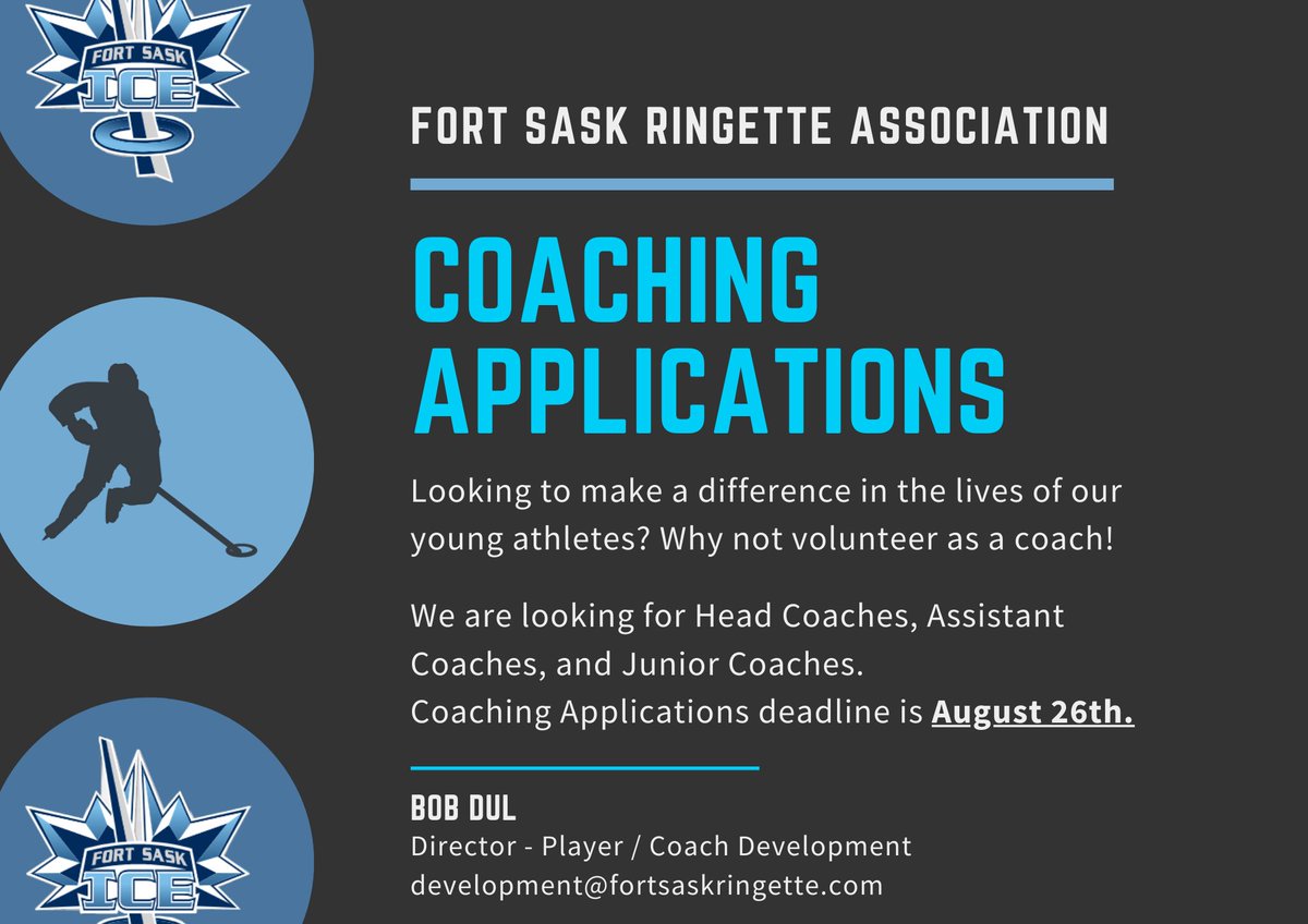 Do you feel passionate about teaching our athletes the wonderful sport of Ringette? Want to become more active in our community? 

Coaching applications can be found at our website, fortsaskringette.com , under the "Coaches Resources" tab!
Applications are due by August 26th.
