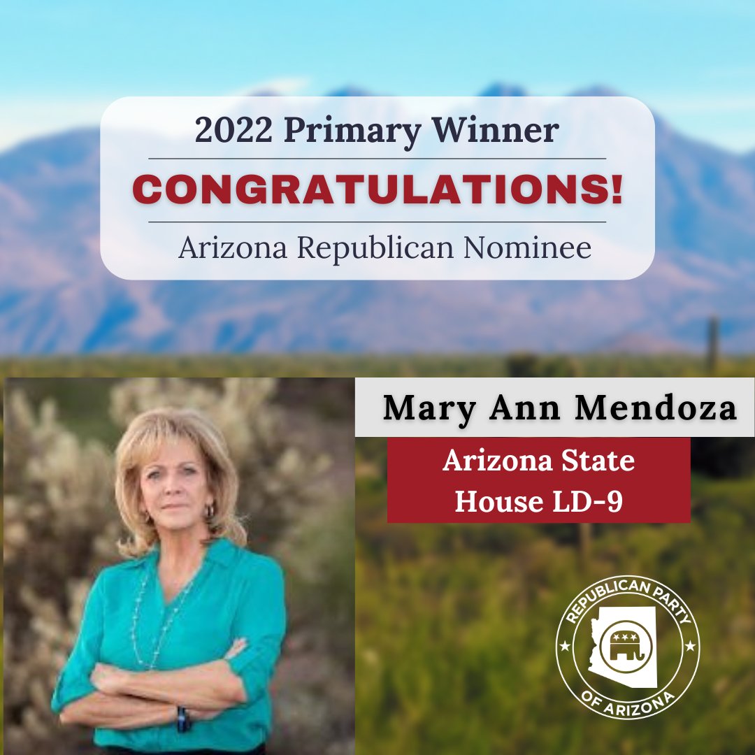 AZGOP's tweet image. WINNER! WINNER! 
 
LD-9 is all set! We have your Republican Primary Nominees:
 
Kathy Pearce - State House
Mary Ann Mendoza - State House
 
It’s time to keep this momentum going and VOTE RED this November
#KeepArizonaRed