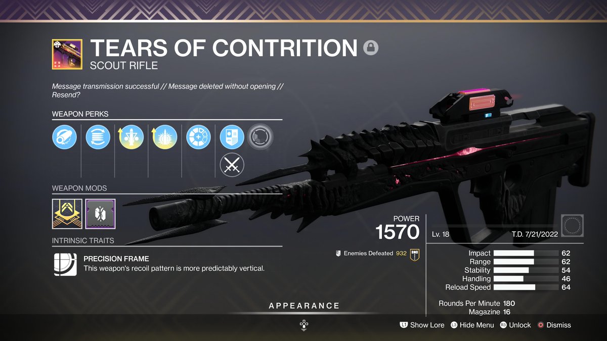 Mondoshawan_D2's tweet photo. #TearsOfContrition is an absolute beast! I've used this in so many #GrandMaster #Nightfalls this season, I love it ๐๐๐ #ScoutRifle #WeaponCrafting #PS5Share #Destiny2 https://t.co/6I1Xtz8dCN
