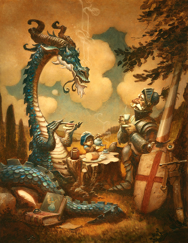 russramsey's tweet image. Often when we look at art, our eye follows a certain path intended by the artist. We look at paintings a bit at a time. Where does your eye start in this painting, The Reluctant Dragon, by my friend, Justin Gerard? What’s the sequence? #ArtWednesday #VisualPath #LearningToSee