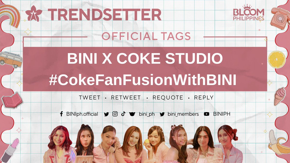 BINI_TrendsTeam's tweet photo. Twitter party for BINI starts now! RT copy and drop the correct tags!

BINI X COKE STUDIO

#CokeFanFusionWithBINI 
#BINI @BINI_ph https://t.co/FsQhFlIFLi