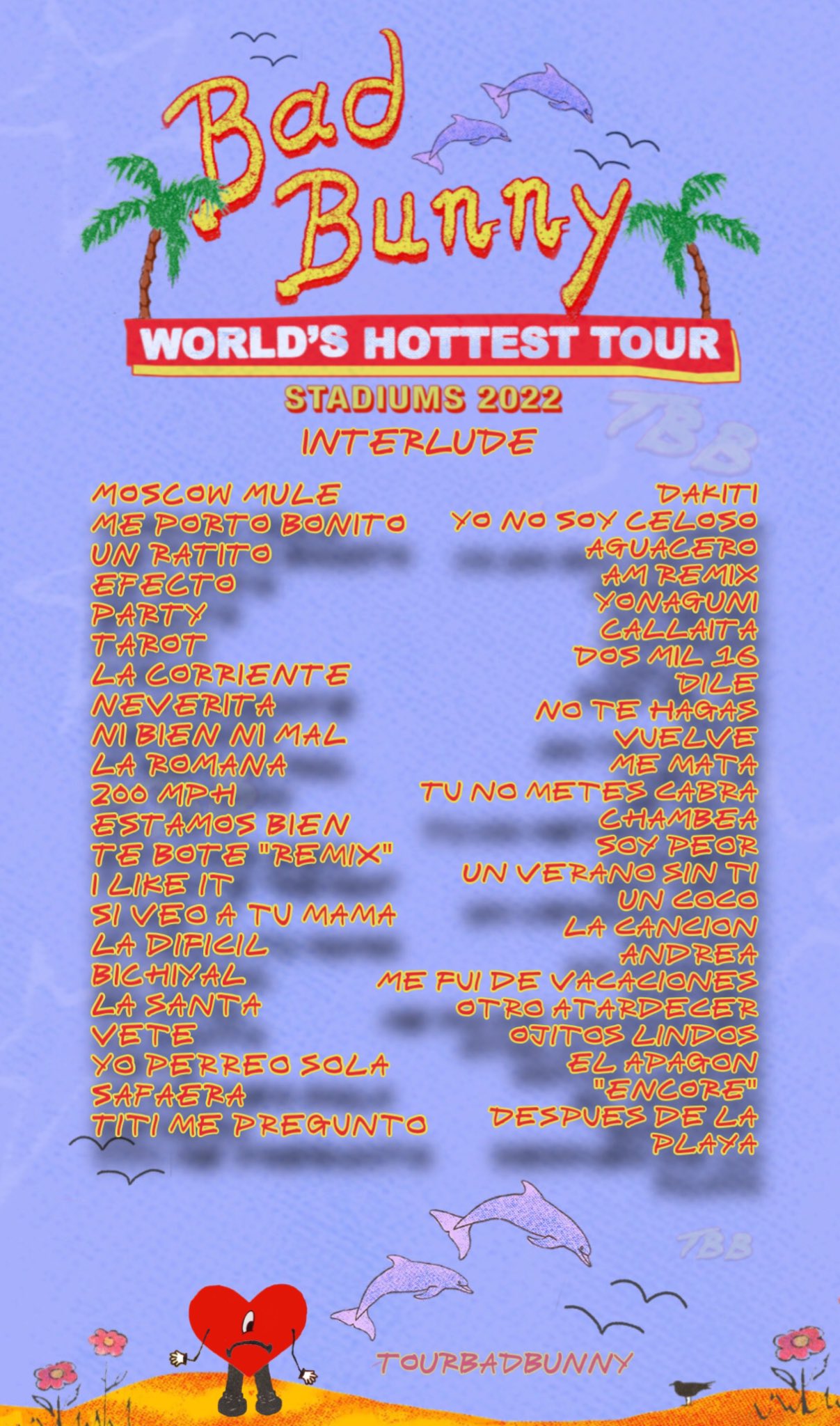 Bad Bunny Tour on X: WORLDs HOTTEST TOUR SETLIST ☀️❤️🏝 thanks Miguel for  the help* ✨🫶🏼  / X