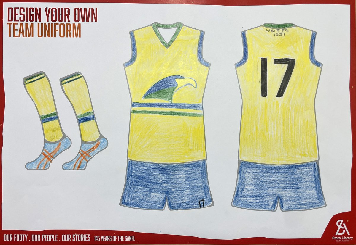 SLSA's tweet photo. When you visit the #OurFootyOurPeopleOurStories 145 years of SANFL exhibition, be inspired to design your own footy team uniform! https://t.co/KmFWZdrTHk 
#SANFL #slsa #libraries #Adelaide #SouthAustralia #FreeKidsActivity #Football #Footy https://t.co/3lkGEtC0Gg