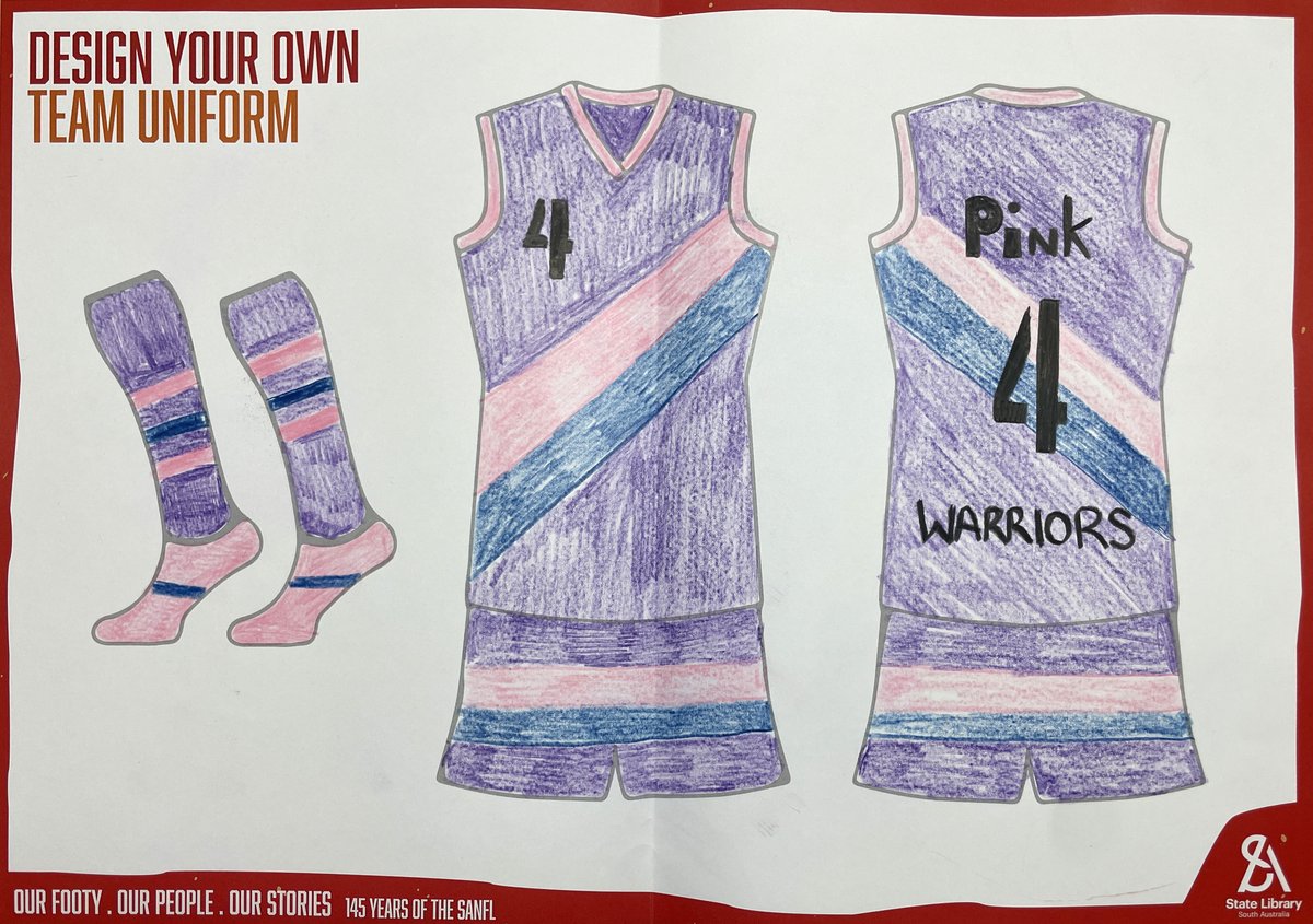 SLSA's tweet photo. When you visit the #OurFootyOurPeopleOurStories 145 years of SANFL exhibition, be inspired to design your own footy team uniform! https://t.co/KmFWZdrTHk 
#SANFL #slsa #libraries #Adelaide #SouthAustralia #FreeKidsActivity #Football #Footy https://t.co/3lkGEtC0Gg
