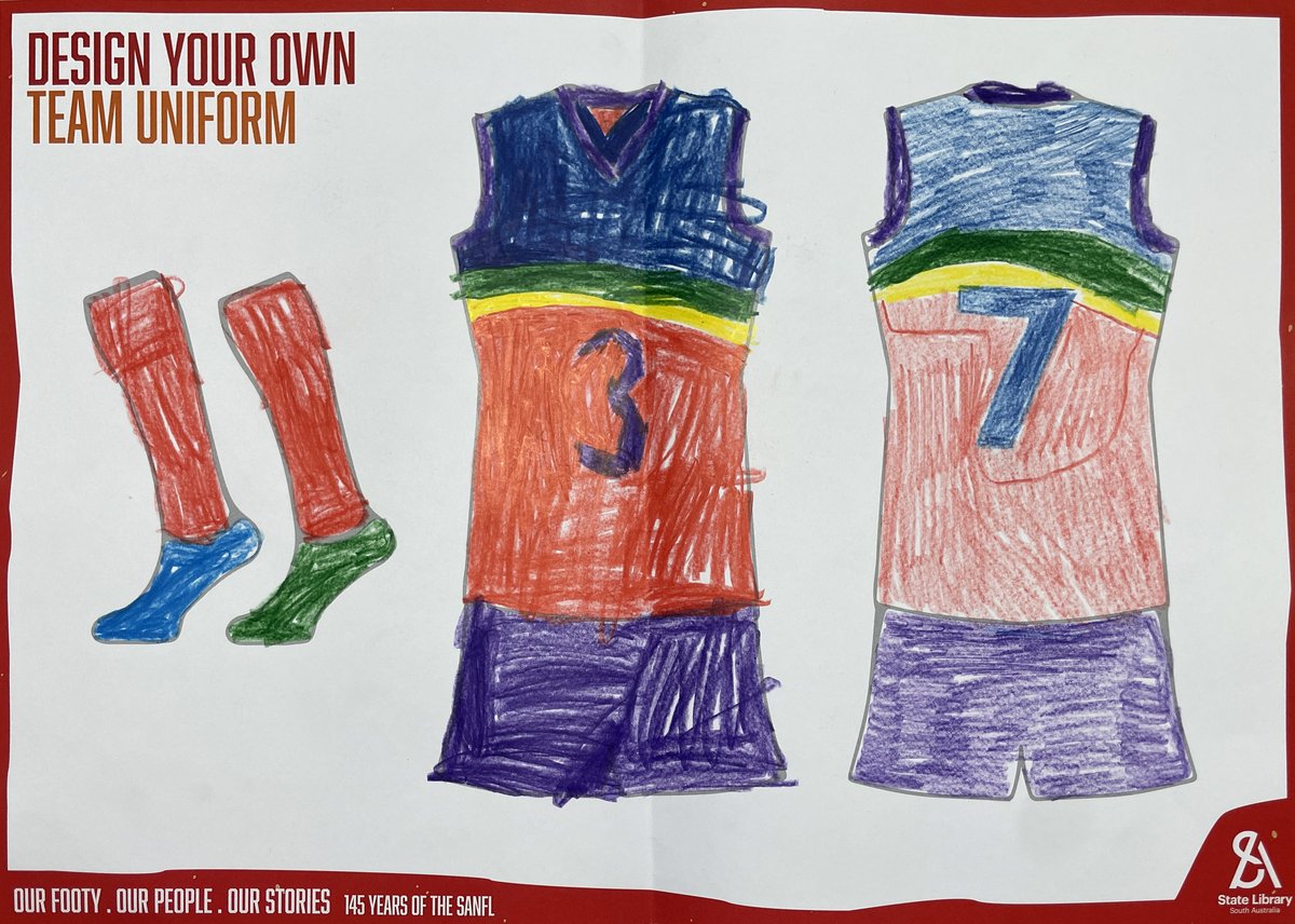 SLSA's tweet photo. When you visit the #OurFootyOurPeopleOurStories 145 years of SANFL exhibition, be inspired to design your own footy team uniform! https://t.co/KmFWZdrTHk 
#SANFL #slsa #libraries #Adelaide #SouthAustralia #FreeKidsActivity #Football #Footy https://t.co/3lkGEtC0Gg
