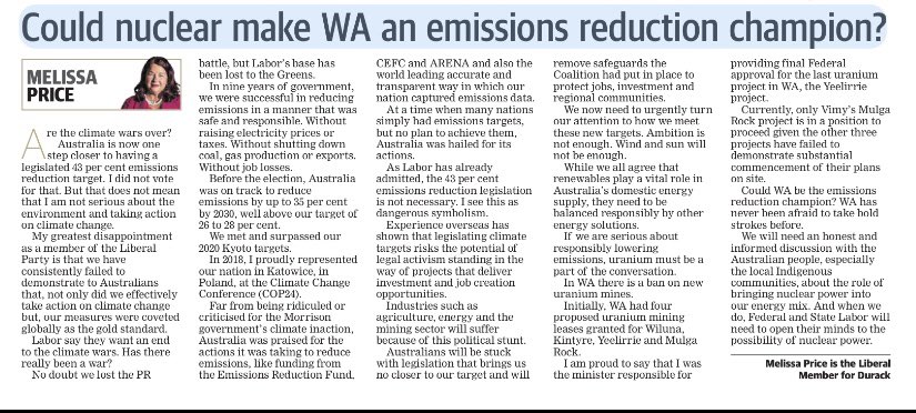 LyndaFrench19's tweet photo. Liberal #MelissaPrice #Durack is still delusional. Apparently she is serious about #climate action she says, but she is disappointed that voters didn’t understand they were taking action..
Did I read that correctly? @MarkMcGowanMP say NO to #Nuclear @PatrickGormanMP https://t.co/hqXzaVnqdt