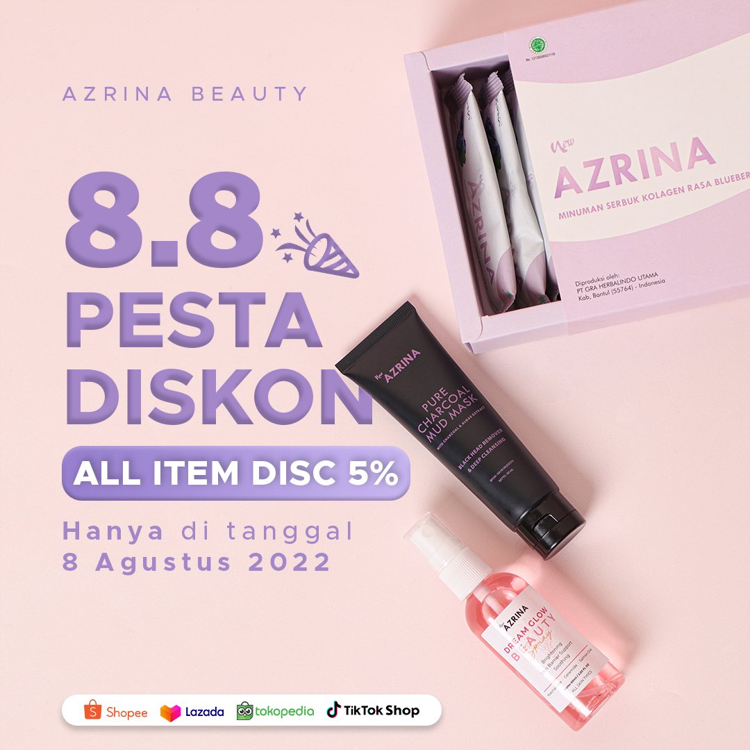 AzrinaBeautyid's tweet photo. Special Day 8.8 Azrina Beauty ✨

Coba siapa yang kemarin pingin diskon?
Azrina diskon 5% all item di semua platform 🤩

Catat tanggalnya
Senin, 8 Agustus 2022
Pukul 00.00 - 23.59 WIB https://t.co/dp9mCAN3i2