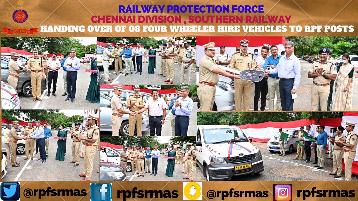 On 05.08.2022, 08 Four wheeler vehicles on hiring basis were handed over to RPF Post Viz MGR Chennai Central, Chennai Egmore, Tambaram, Chengalpet, Gummidipundi, Katpadi, Jolarpettai &amp;Tirumayilai. 
C/T-1/2
<a href="/RPF_INDIA/">RPF INDIA</a> <a href="/rpfsrly/">RPF SR</a> <a href="/DrmChennai/">DRM Chennai</a>
<a href="/GMSRailway/">Southern Railway</a> <a href="/RailMinIndia/">Ministry of Railways</a> <a href="/SENTHILIRPFS081/">SENTHIL@IRPFS08</a>