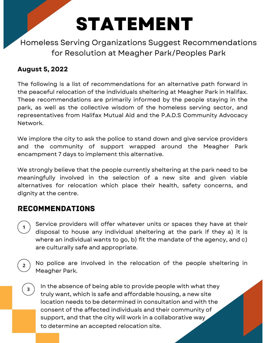 OTChfx's tweet photo. Solidarity with our unhoused neighbours. Joint statement from community organizations supporting a non-violent, self-determined encampment relocation plan for unhoused folks in our community, specifically those facing displacement from the park. @HfxRegPolice @NS_DCS @hfxgov https://t.co/woADHNmM9X