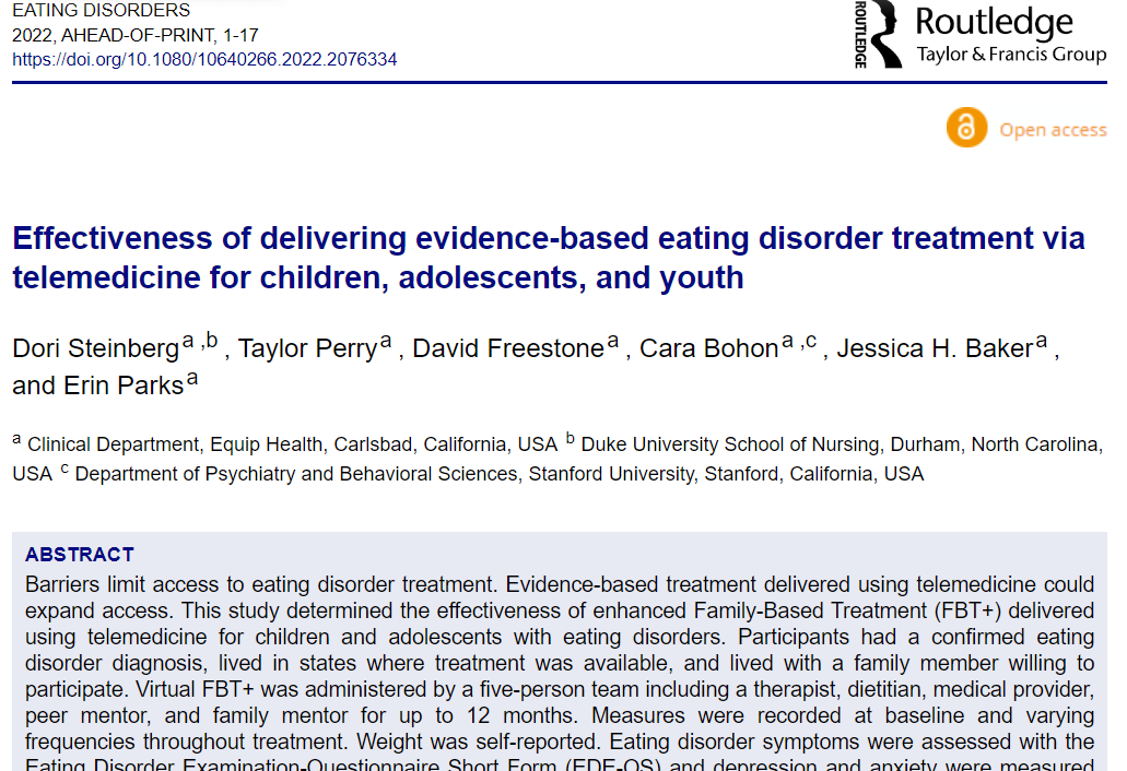 Barriers limit access to evidence-based treatment for eating disorders (EDs) - telehealth may help to overcome some of these barriers &amp; expand access. This new #EDsJTP study found support for Virtual Family-Based Treatment (FBT) for EDs: bit.ly/3da8vYL <a href="/joinequip/">Equip</a>