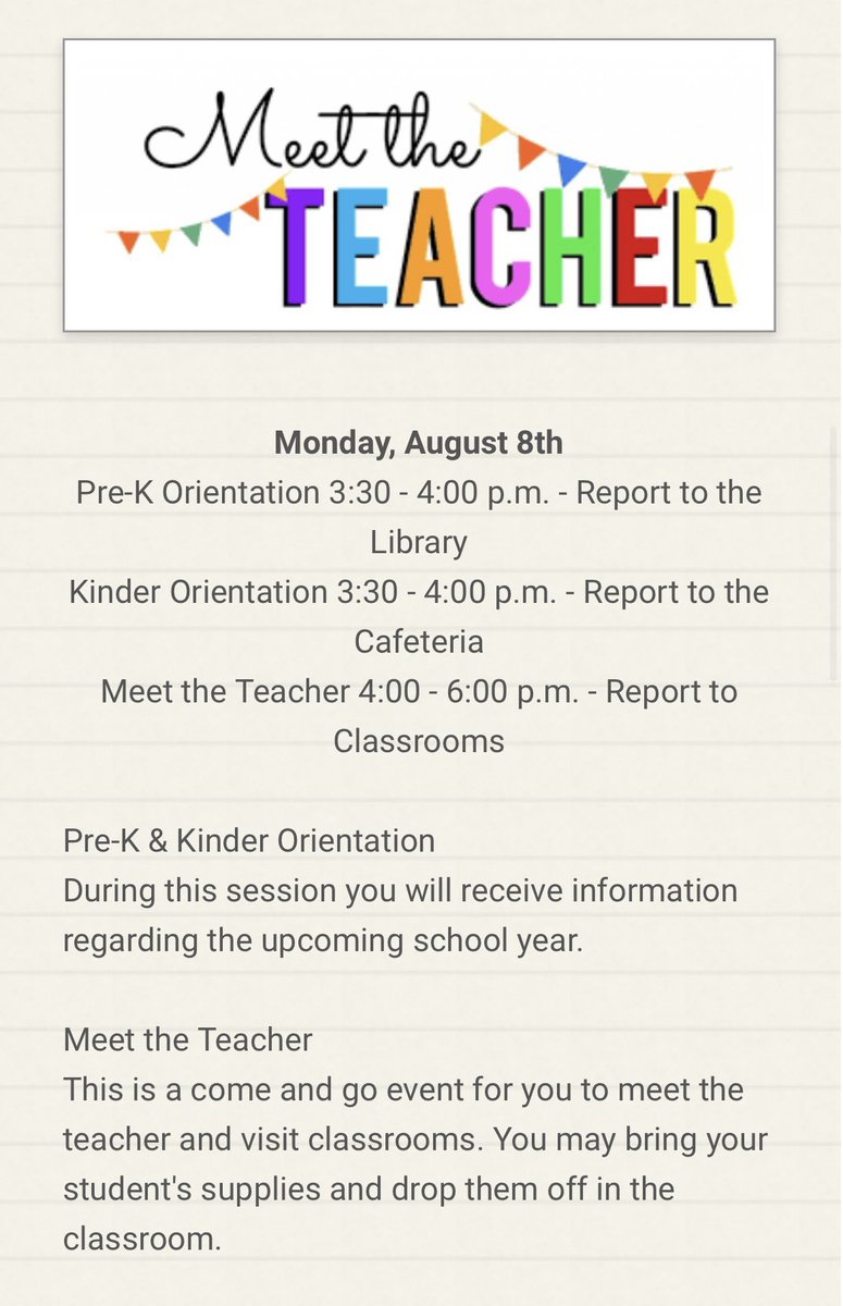 Meet the teacher on Monday. Check your emails as you should have received class assignments by now. See you Monday. 😁