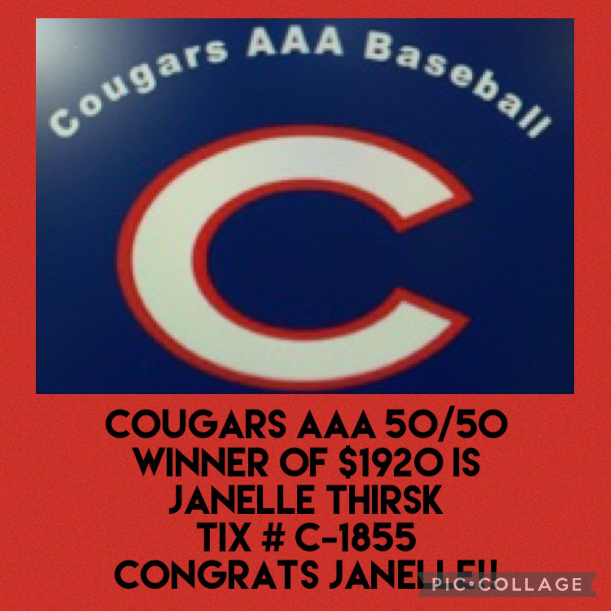 AAACougarsPOPPI's tweet photo. Congratulations to Janelle Thirsk, the Cougars AAA 50/50 cash online raffle winner!! Thanks to everyone who supported our raffle, your generosity towards the program is very much appreciated! #CougarsAAABaseball https://t.co/9J2hVGuxi9