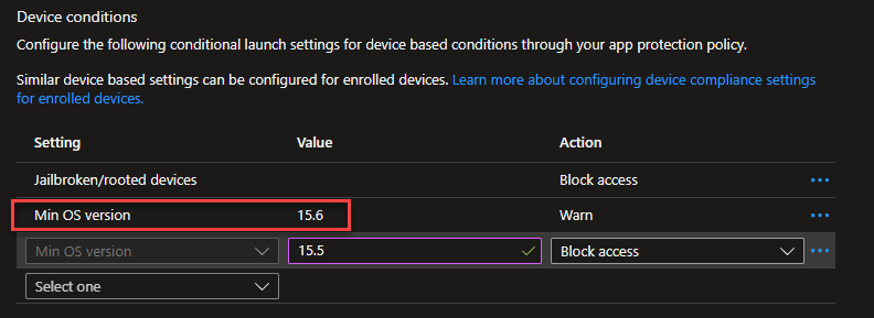 ITguySoCal's tweet photo. Reminder: It's that time again to update your Intune Conditional Launch configuration to warn any iOS user with anything less than the latest 15.6 release due to security vulnerabilities.  You can do this on your BYOD devices too even though they are not enrolled in Intune https://t.co/MHfhcFjqdz