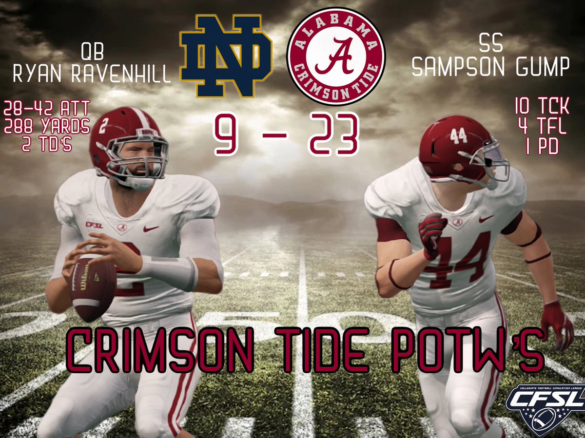 CFSLALABAMA's tweet photo. Huge opening game as the Crimson Tide take down Notre Dame 23-9!  QB Ravenhill was a magician with the ball while SS Gump was a heat seeking missile on defense as they lead us to Victory! @collegesimleag https://t.co/qSNo9tDi5t