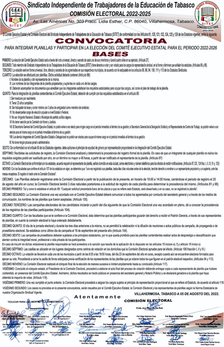 sitet_tabasco's tweet photo. Convocatoria para integrar el nuevo Comité Ejecutivo Estatal 2022-2026.
Nota completa 👉 https://t.co/Y4N82FKO14 https://t.co/VA5YaQZIFa