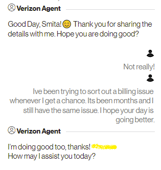footwalker_net's tweet photo. @verizonfios "live chat" starts out with small talk and smileys. . thread 1/5 https://t.co/uu5bYzp9xM