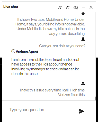footwalker_net's tweet photo. and of course there's this gem, every single time. "I am from the Mobile department. I don't access to your fIOS account." So much for bundling! @VerizonMobile https://t.co/erXdCx2WAJ