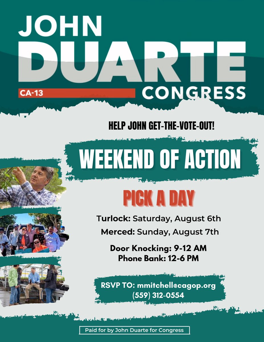 Duarte4Congress's tweet photo. Join us this weekend!
#CA13 #DuarteForCongress #SendAFarmerToCongress https://t.co/NeEURAvmkl