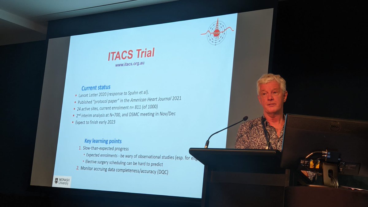 Prof Paul Myles updates us on lessons learned from the <a href="/ITACStrial/">ITACS Trial</a> - a note to be wary when using observational studies to predict expected enrolments, especially for eligibility 

<a href="/ANZCA/">ANZCA</a> #ctn2022 <a href="/sophwall/">sophie wallace</a> @MonashCCS