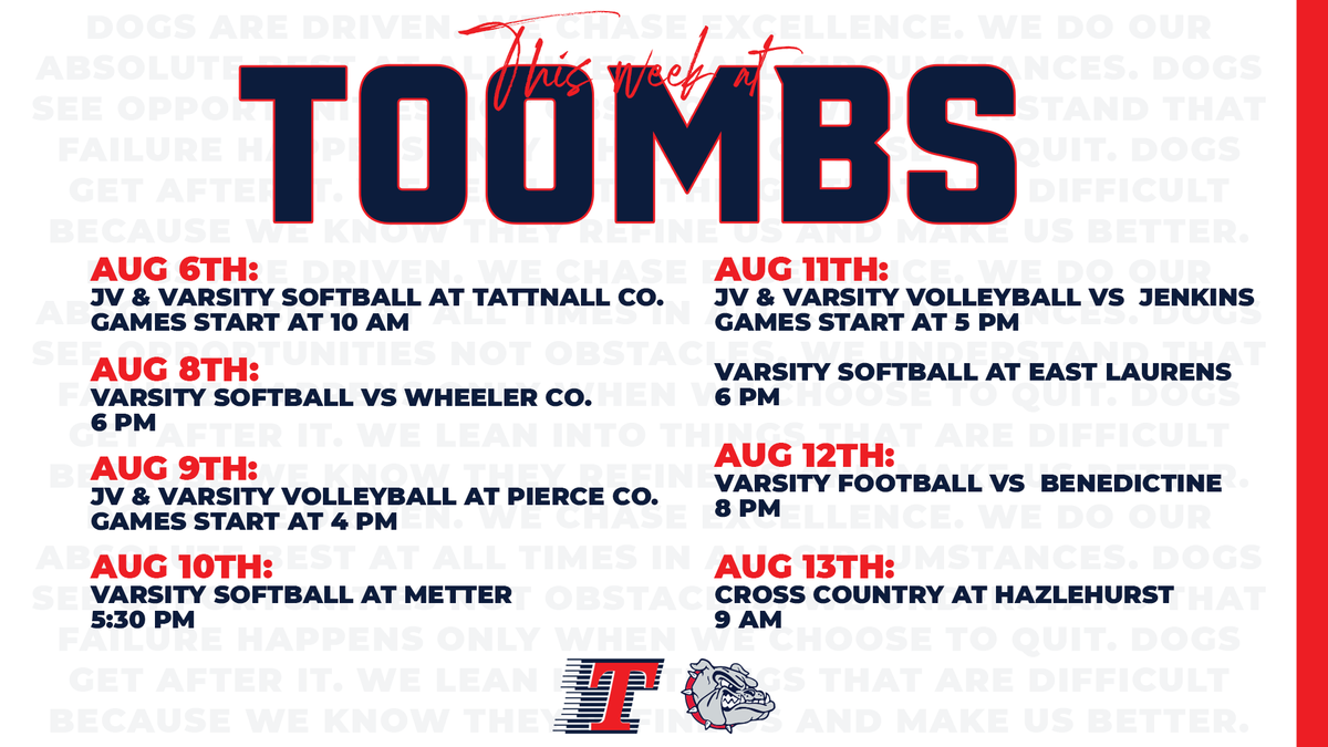 ToombsDogs's tweet photo. Day 1️⃣ is in the books, but we're just getting started! Come out and support our High School student athletes this week. 

Tap the ❤️, Tap the 🔃, and help spread 📢 the word!

#BeDriven #BeAnOvercomer #Grind #beadog https://t.co/TGtBx6pMnl