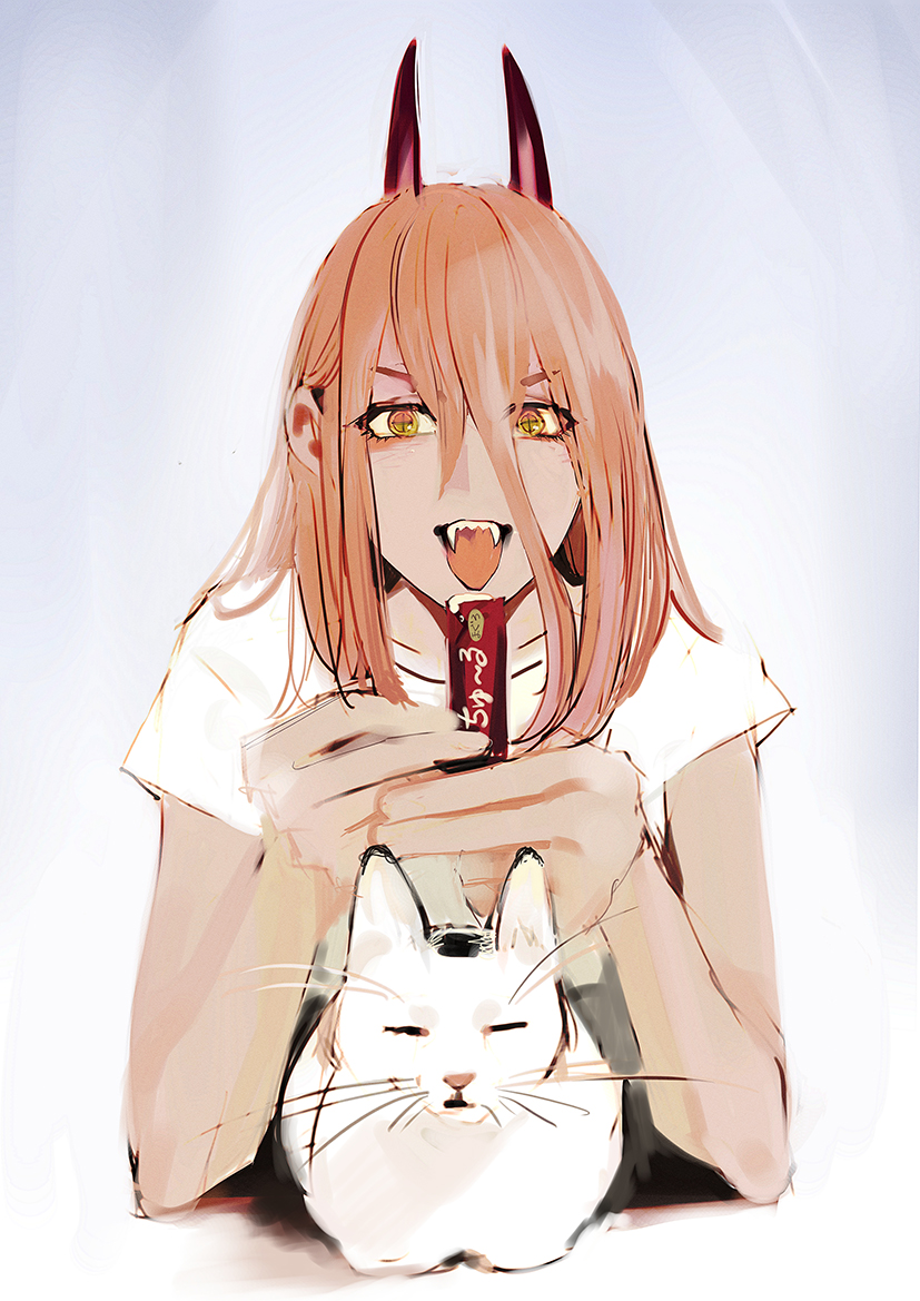 power (chainsaw man) 1girl cat horns symbol-shaped pupils shirt sharp teeth tongue  illustration images