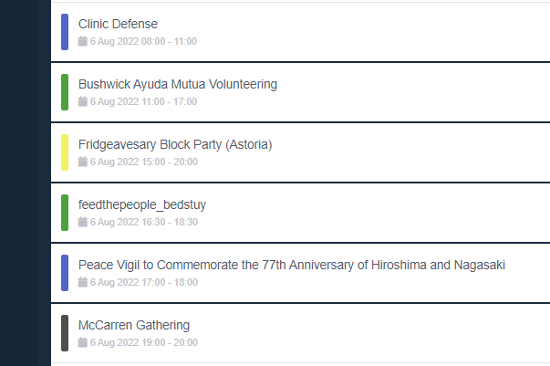 protest_nyc's tweet photo. Events for Saturday, 8/6/22, include a fridgeaversary, a peace vigil, a clinic defense, and more.
List and links at https://t.co/Tq9KnBJTZJ.
Bonus event: #TompkinsSquare #Riot #Anniversary (Sat & Sun 2-6pm https://t.co/jPANUUPStm) https://t.co/sDrfSYLOJU