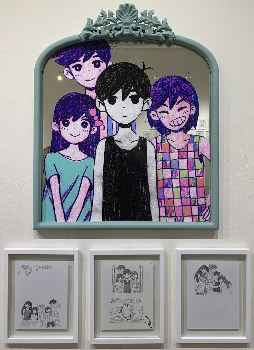 some photos we took during setup for the @OMORI_GAME art show! remember to go up the staircase to view the second gallery room… 
