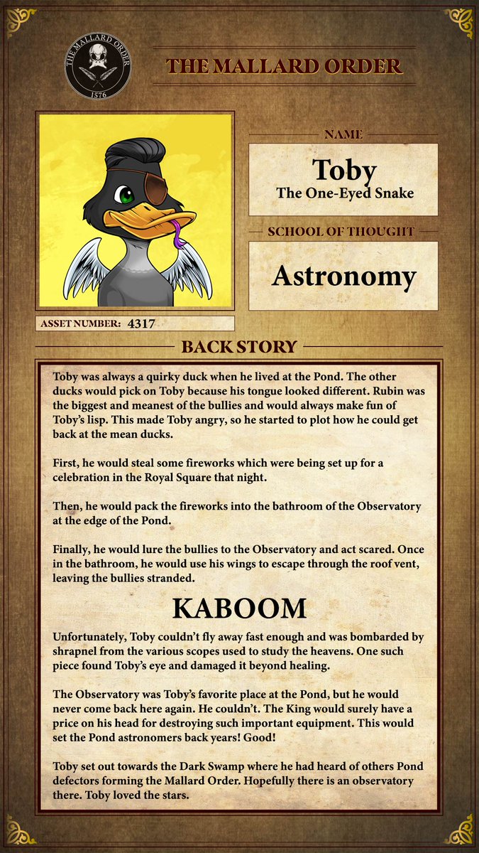 The Story of Toby Richardson.
<a href="/MallardOrder/">The Mallard Order</a> #MallardOrder #MallardBackstory #CNFT #Cardano (Keerwin#7252)