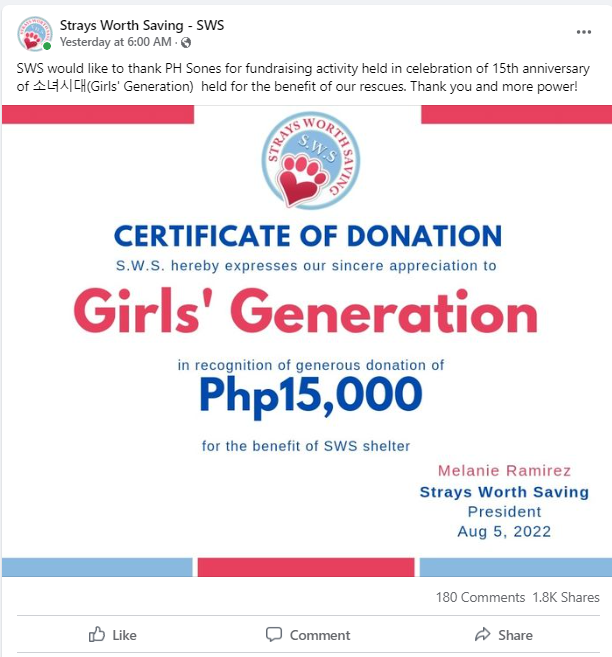 PH SONE donation to Strays Worth Saving (SWS) under Girls' Generation💗 <a href="/SWSFoundationPH/">Strays Worth Saving</a>

<a href="/GirlsGeneration/">Girls' Generation</a> #SNSD  
#Girlsgeneration #PHSONE #SONE 

facebook.com/straysworthsav…