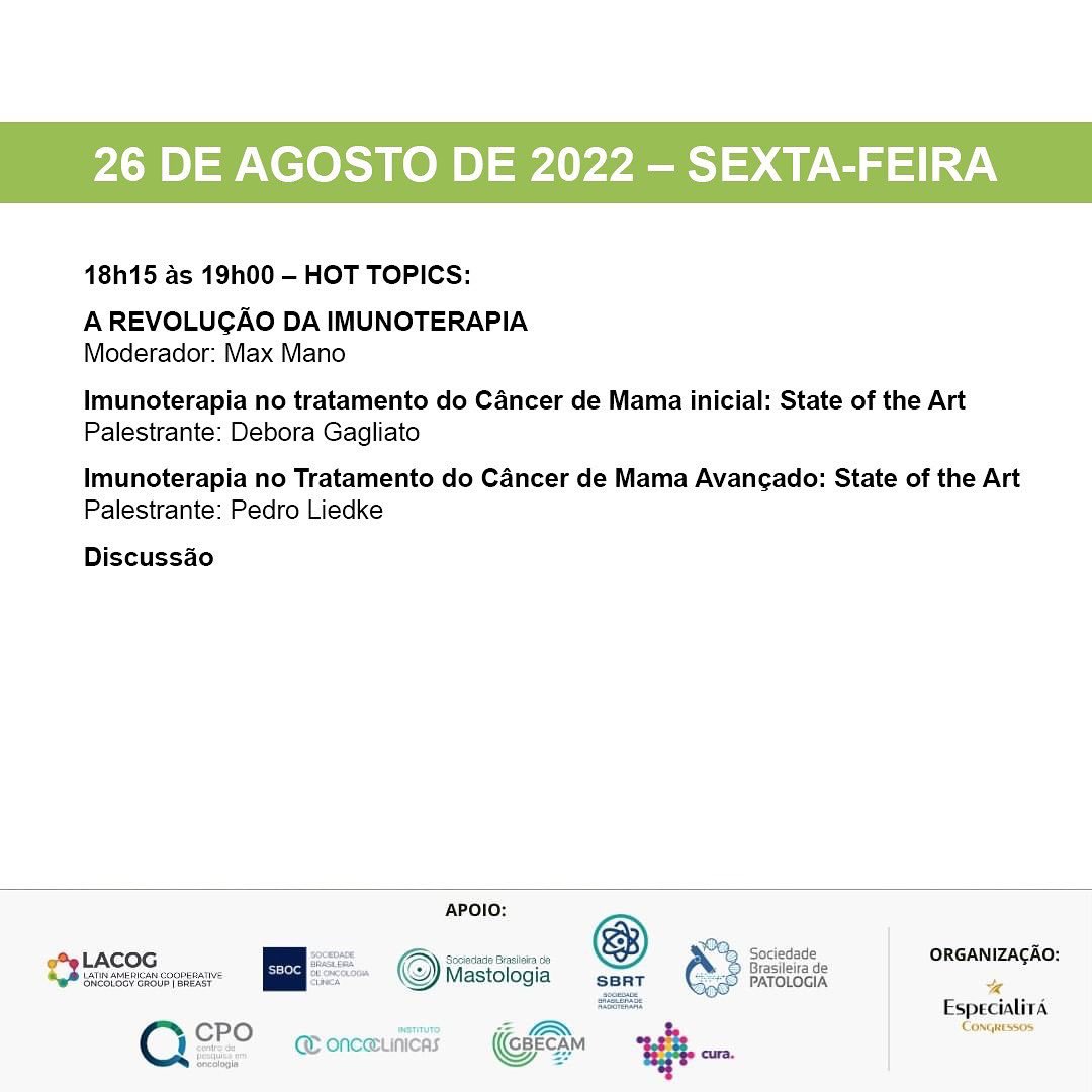 16ª edição - Câncer de mama Gramado 25 a 26/08/22

Colegas de diferentes áreas especializadas no câncer de mama. Vamos discutir as atualizações no diagnóstico, cuidados e tratamentos. 

cancerdemamagramado.com.br

#oncologia #imunoterapia #oncology  #breastcancer #drmaxmamo