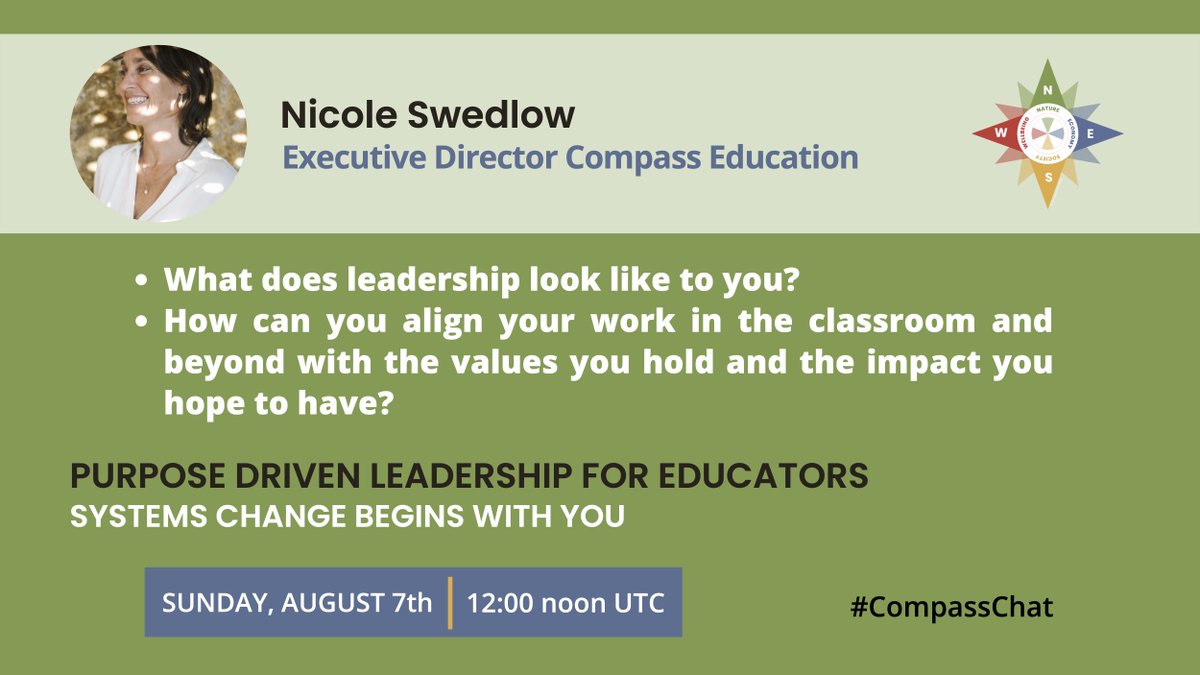 Compass_Ed's tweet image. Don&apos;t miss out this 90 min interactive workshop with Nicole Swedlow
PURPOSE DRIVEN LEADERSHIP FOR EDUCATORS: SYSTEMS CHANGE BEGINS WITH YOU
*Participants will see themselves as leaders and understand the impact that they have. 
Sign in: ow.ly/qERw50K1nyy
#CompassChat