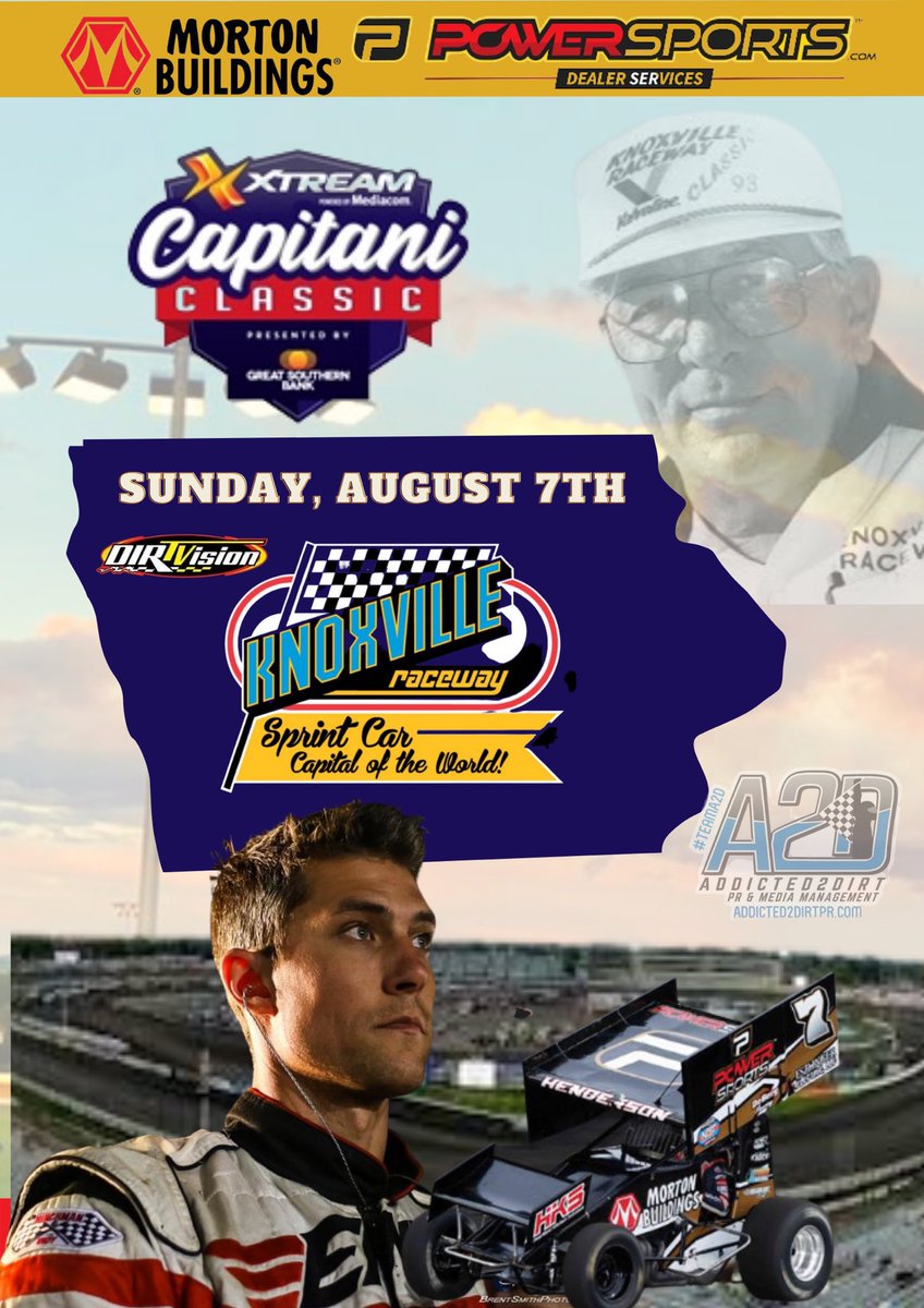Next up on the schedule for <a href="/Henderson_racin/">Justin Henderson</a> &amp; <a href="/SandvigMike/">Mike Sandvig</a> racing will be a Sunday trip to <a href="/knoxvilleraces/">Knoxville Raceway</a> for the 11th Annual Capitani Classic paying $9000 to win! 

Can’t make it? Stay tuned in via <a href="/DIRTVision/">DIRTVision</a> &amp; <a href="/Addicted2DirtPR/">Addicted2Dirt PR & Media Management</a>!!

<a href="/MortonBuildings/">Morton Buildings</a> <a href="/RaceMaxims/">Maxim Racing, Inc.</a> <a href="/RiderRacingEng/">Rider Racing Engines</a>