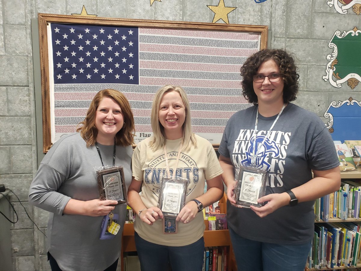 KnightsSms's tweet photo. The 1st day of school gave us something to celebrate! These amazing @KnightsSms educators are celebrating years of service to @CCBOE! 5 for Mrs. Baker, Mrs. Long &amp; Mrs. McCullough; 15 for @mrskmundy, @Christiejray &amp; @BaileyAngelia; 20 for @jillmccain7 &amp; 25 for Mrs. Ford! #ccsdtn https://t.co/2bGnS66NFq