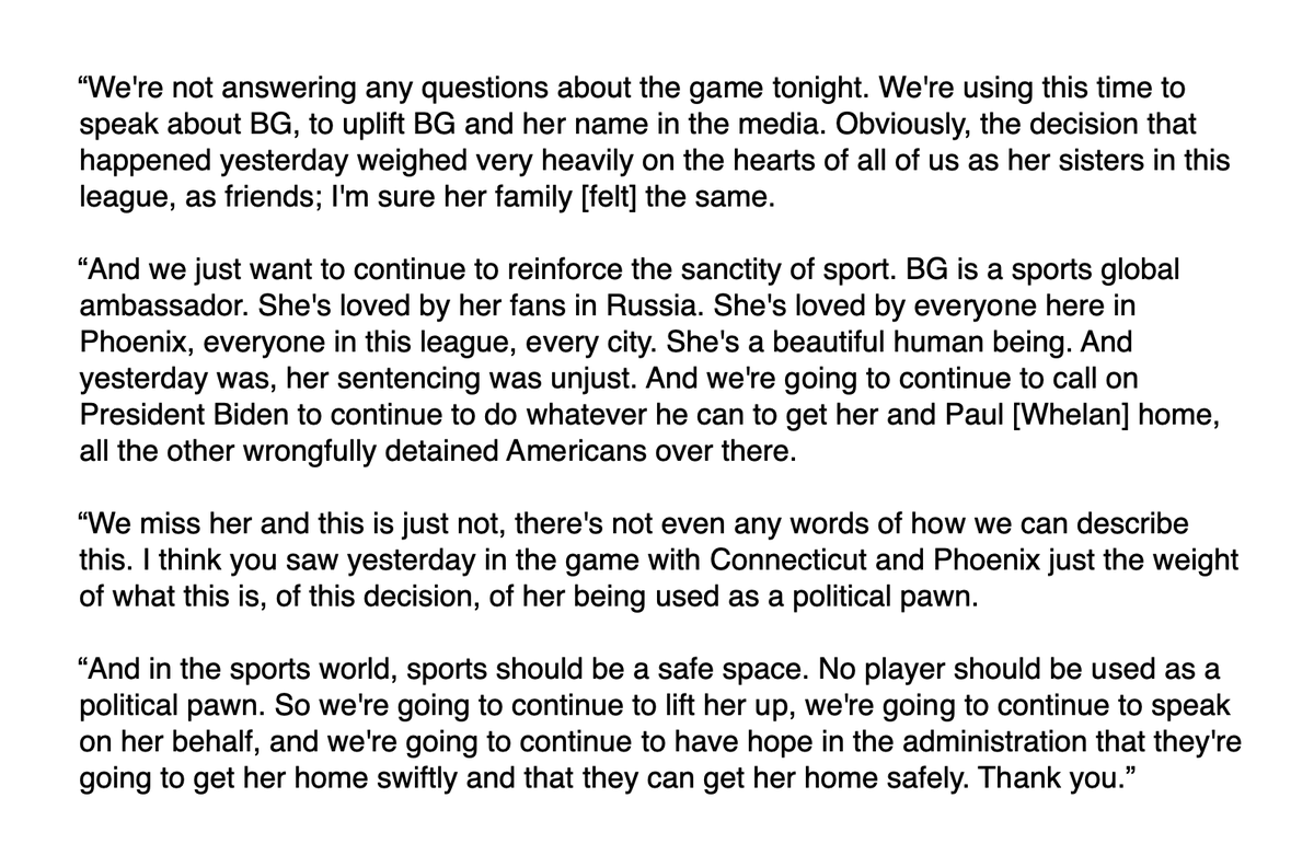 jennhatfield1's tweet photo. .@WashMystics players held a media blackout tonight after the loss to Chicago, with @Alysha_Clark speaking for about 90 seconds about Brittney Griner as @T_Cloud4 supported her. They took no questions; Clark's full statement is below. @TheNextHoops #WeAreBG https://t.co/WtqDb3fo7k