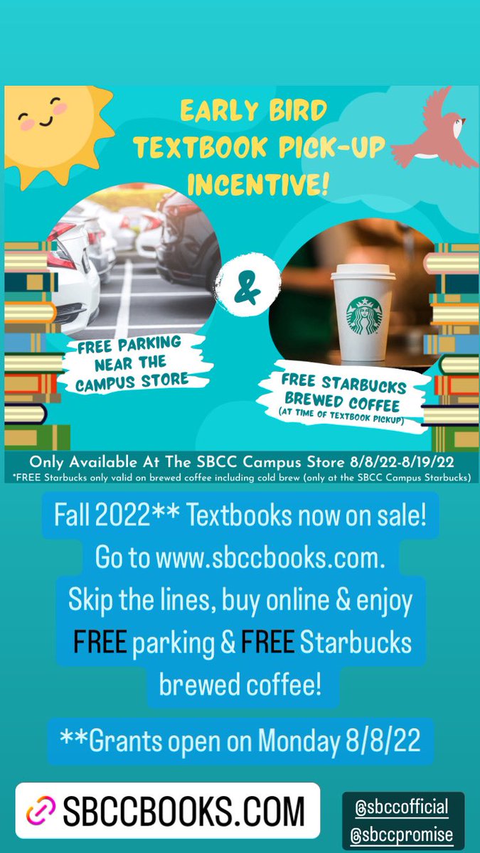 SBCCCampusStore's tweet photo. Fall Text now on sale at https://t.co/71g7FMkBnX. Early Bird Special! Enjoy FREE* parking in front of the store AND a FREE* Starbucks with purchase of Textbooks. Hurry in! Beat the lines &amp; buy online! 
•
•
* FREE offers valid only 8/8 - 8/19. https://t.co/GPo6sDwwU4