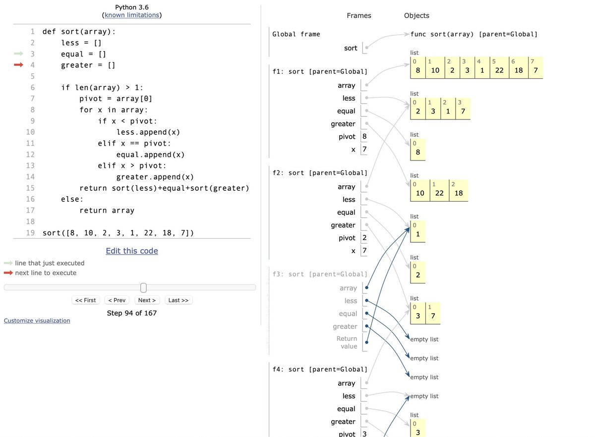 这个网站可以非常直观地把 Python 的运行过程以可视化的方式展示出来，方便初学者理解整个程序的每一步状态。

图为快速排序的运行流程👇

https://t.co/FmUqQTeLEh https://t.co/JS3TQvXoTe