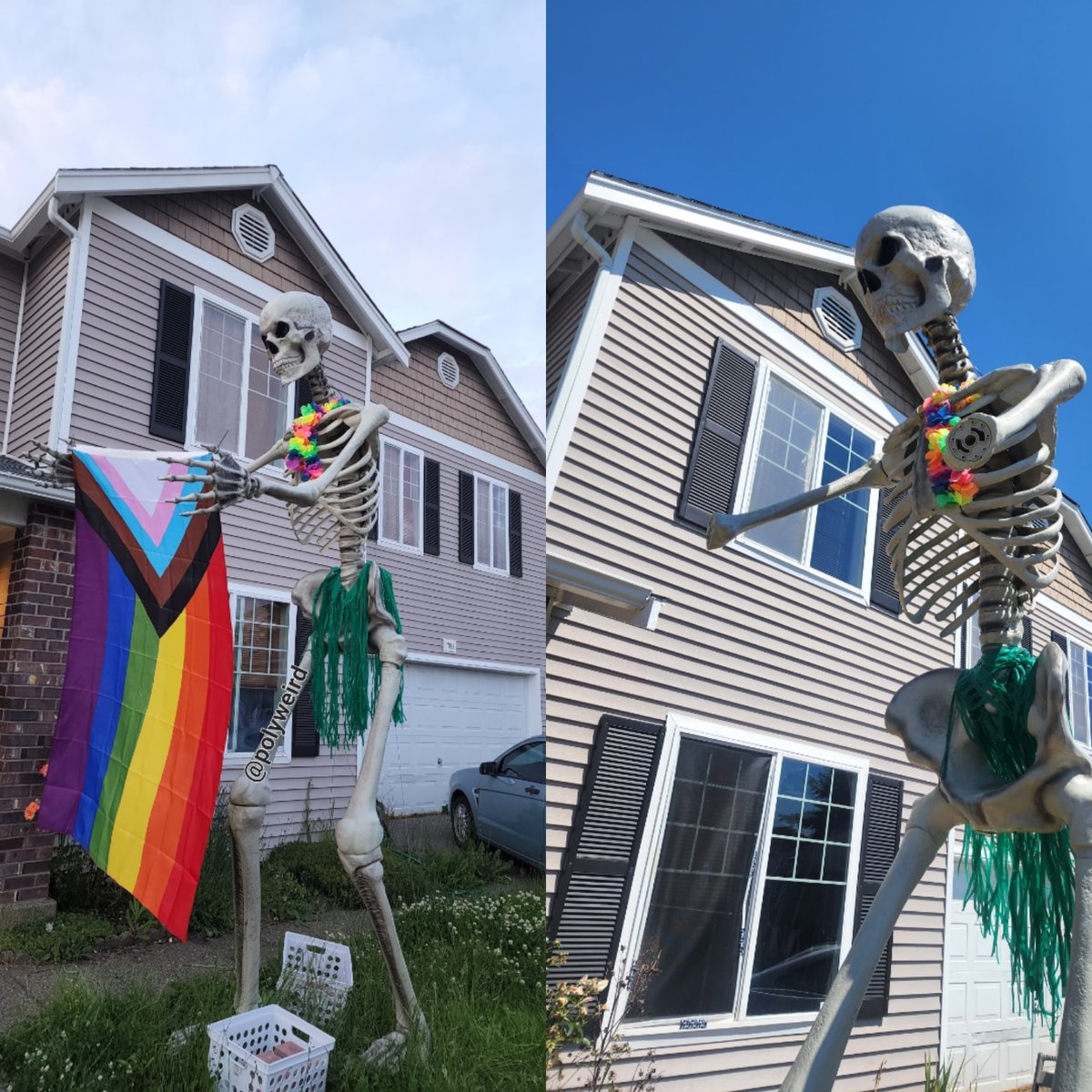 AquisS's tweet photo. This past weekend something really upsetting happened. Someone stole not only our #Pride flag, but also the arms of our giant skeleton that were holding it up. We've posted on @Nextdoor and had one post taken down without notice. And trying to find the right person to talk to at https://t.co/ogYJi5mJF0