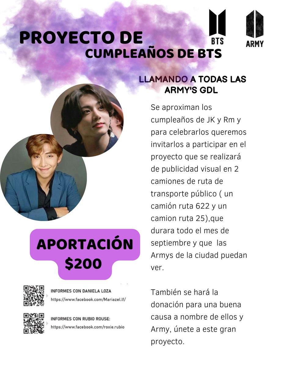 Mariaze92657387's tweet photo. Armys de Guadalajara!
El cumpleaños de Rm y Jk se acercan y tengo un gran proyecto el cual quiero cumplir y es ver en mi ciudad 2 camiones de ruta de transporte público (622 y 25) con publicidad de ellos más aparte una donación.

Informes aquí
#Armymexico #ArmyGdl https://t.co/0mVR4yjUcX