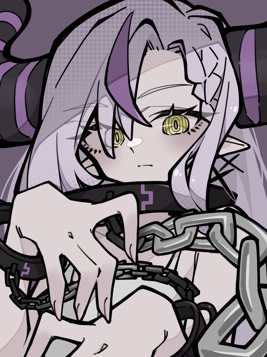 la+ darknesss 1girl solo chain yellow eyes pointy ears cuffs purple hair  illustration images