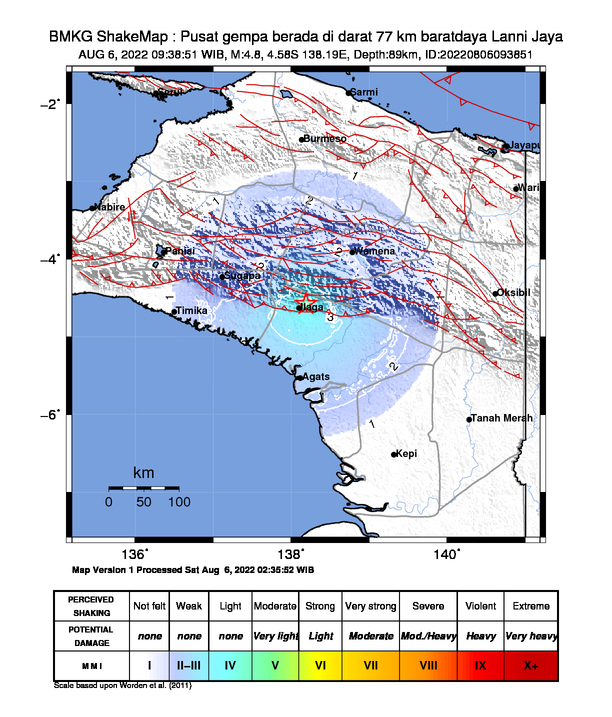 infoBMKG's tweet image. #Gempa Mag:4.8, 06-Agu-22 09:38:51 WIB, Lok:4.58 LS, 138.19 BT (Pusat gempa berada di darat 77 km baratdaya Lanni Jaya), Kedlmn:89 Km Dirasakan (MMI) II Wamena #BMKG