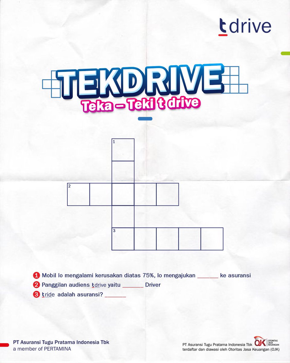 mytdrive_id's tweet photo. Quiz time! Kita main tekdrive, teka-teki t drive. Mimin punya 3 kolom yang harus lo isi. Baca dengan benar lalu isi kolom-kolomnya ya. Dan lo berkesempatan mendapatkan hadiah senilai total 400k untuk 4 orang pemenang beruntung. https://t.co/YDusEerr4j