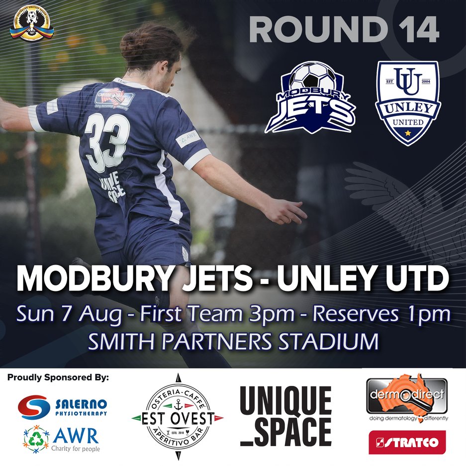 UnleyUnited's tweet photo. 𝗚𝗮𝗺𝗲 𝗗𝗲𝘁𝗮𝗶𝗹𝘀
• Round 14 - Modbury Jets vs Unley United
• Sun 07 August (tomorrow!!)
• 𝗙𝗶𝗿𝘀𝘁 𝗧𝗲𝗮𝗺 - 03:00 pm
• 𝗥𝗲𝘀𝗲𝗿𝘃𝗲𝘀 - 01:00 pm
• Smith Partners Stadium https://t.co/5KAe3rAByG