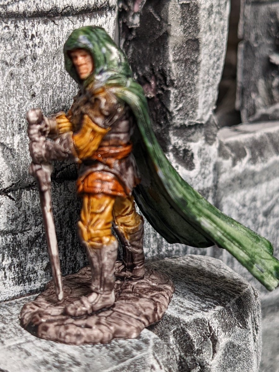 Farist the Ranger has traveled through every climate, though he prefers the deep woods.  He craves human attention when out, and so ventures regularly into town to share his adventures. #dnd #frostgrave #wizkids #miniature #d&amp;d #dnd5e #DnDcharacter #fantasyart #miniaturepainting
