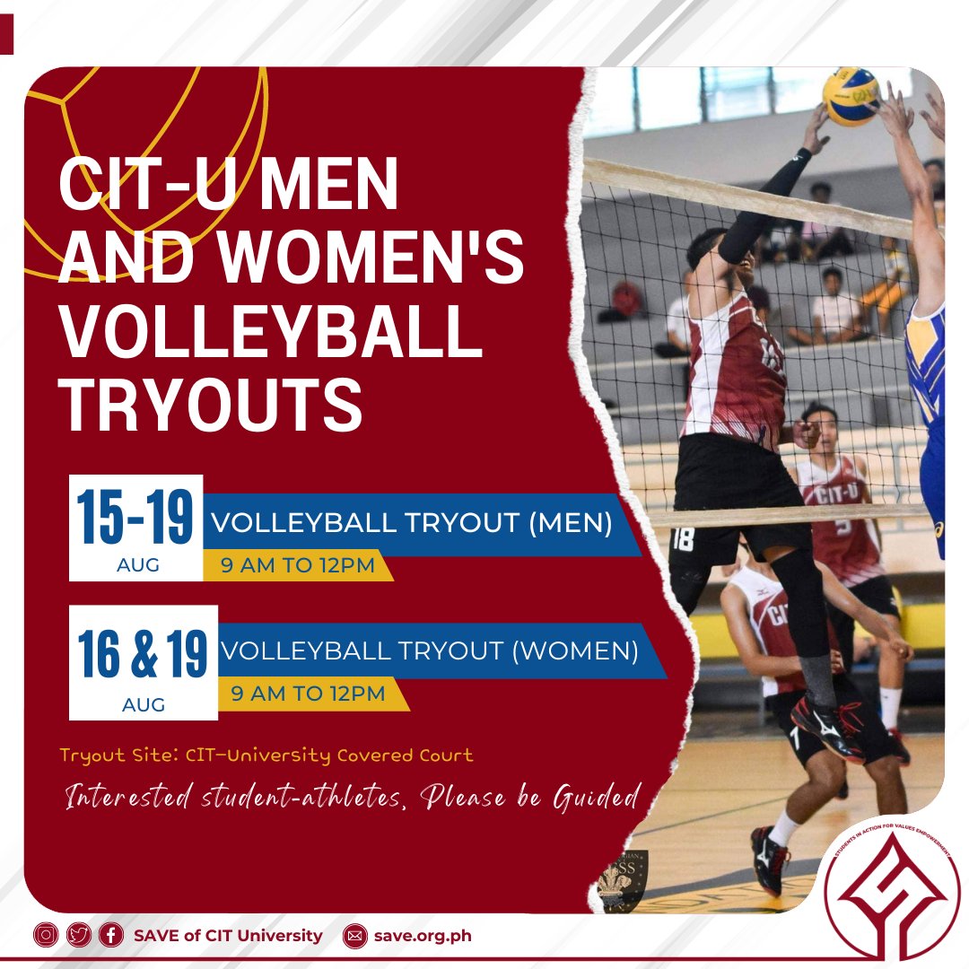 saveparty_cit's tweet photo. Calling all male and female volleyball enthusiasts for tryout. The time and venue are shown below.

For Men:
August 15, 17, 19, 2022 from 9:00 AM - 12:00 PM
For Women:
August 16, 18, 2022 from 9:00 Am - 12:00 PM

Become the pillar of CIT-U's newest and fiercest volleyball team. https://t.co/TnlnTycPKc